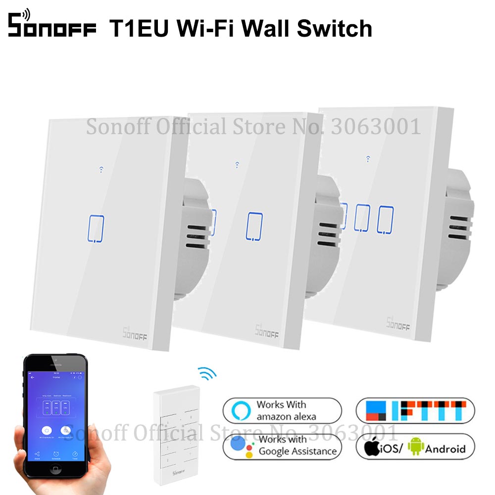 Sonoff T1EU Wifi Smart Switch Touch Screen Remote On/Off 1/2/3 Gang 433Mhz Rf/voice/App/Touch Control 86 Type Smart Home Tx