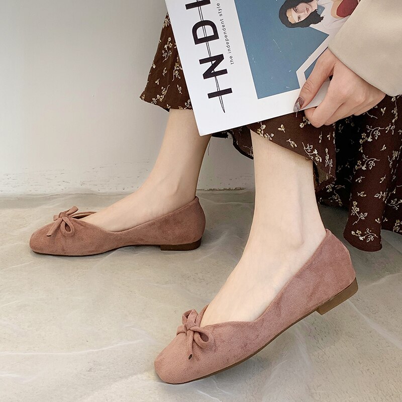 Rimocy Spring Bowknot Flat Shoes Woman Faux Suede Square Toe Boat Shoes Women Casual Non-slip Black Flats
