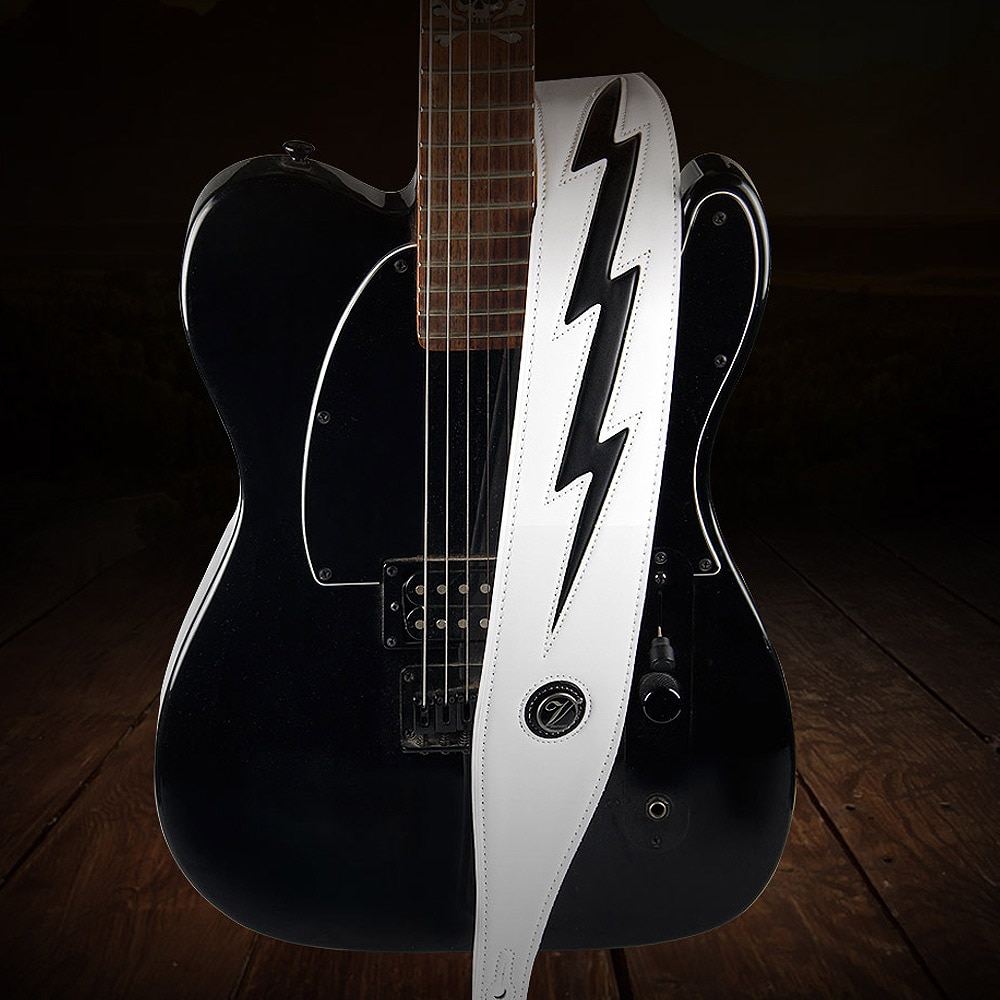 Batesmusic sort hvid læder guitar rem unikt lyn behagelig akustisk elektrisk bas rem guitar adgang