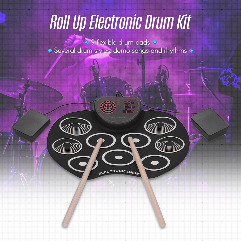 Electronic Digital USB 9 Pads Roll up Set Silicone Electric Drum Kit with Drumsticks and Sustain Pedal Percussion Instruments