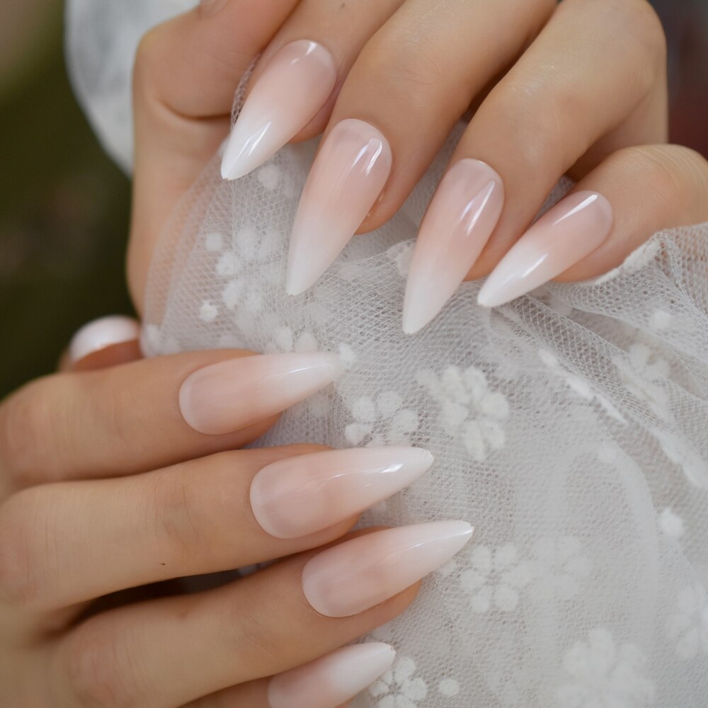 Ekstremt spiss faux ongles hvit ombre naken fransk spiker tips lang stiletto abs gel negler sett 24 ct