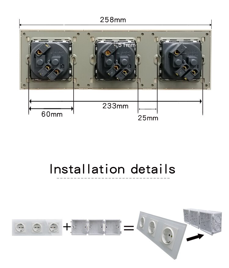 16A Porous conjoined power socket, socket panel, three-layer power socket without plug, crystal tempered glass AC110-250V