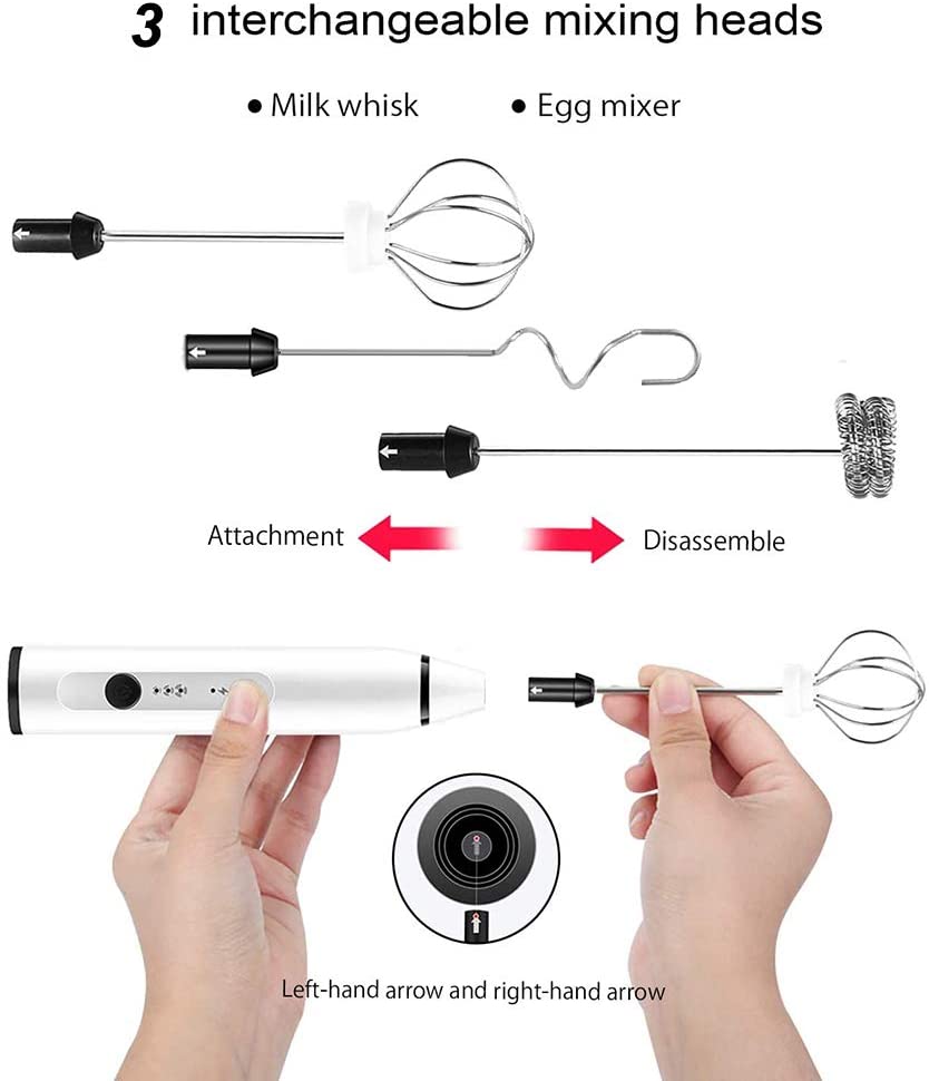 Electric Milk Frother Handheld Blender USB Rechargeable 3-Speed Mixer with 3 Stainless Whisks for Coffee Egg Latte Cappuccino