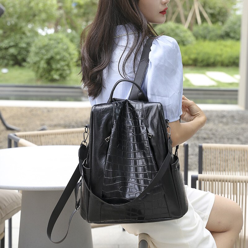 Anti-theft women Backpacks big capacity PU leather School Bags For Girls Crocodile Female Shoulder Bag Travel Backpack Daypack