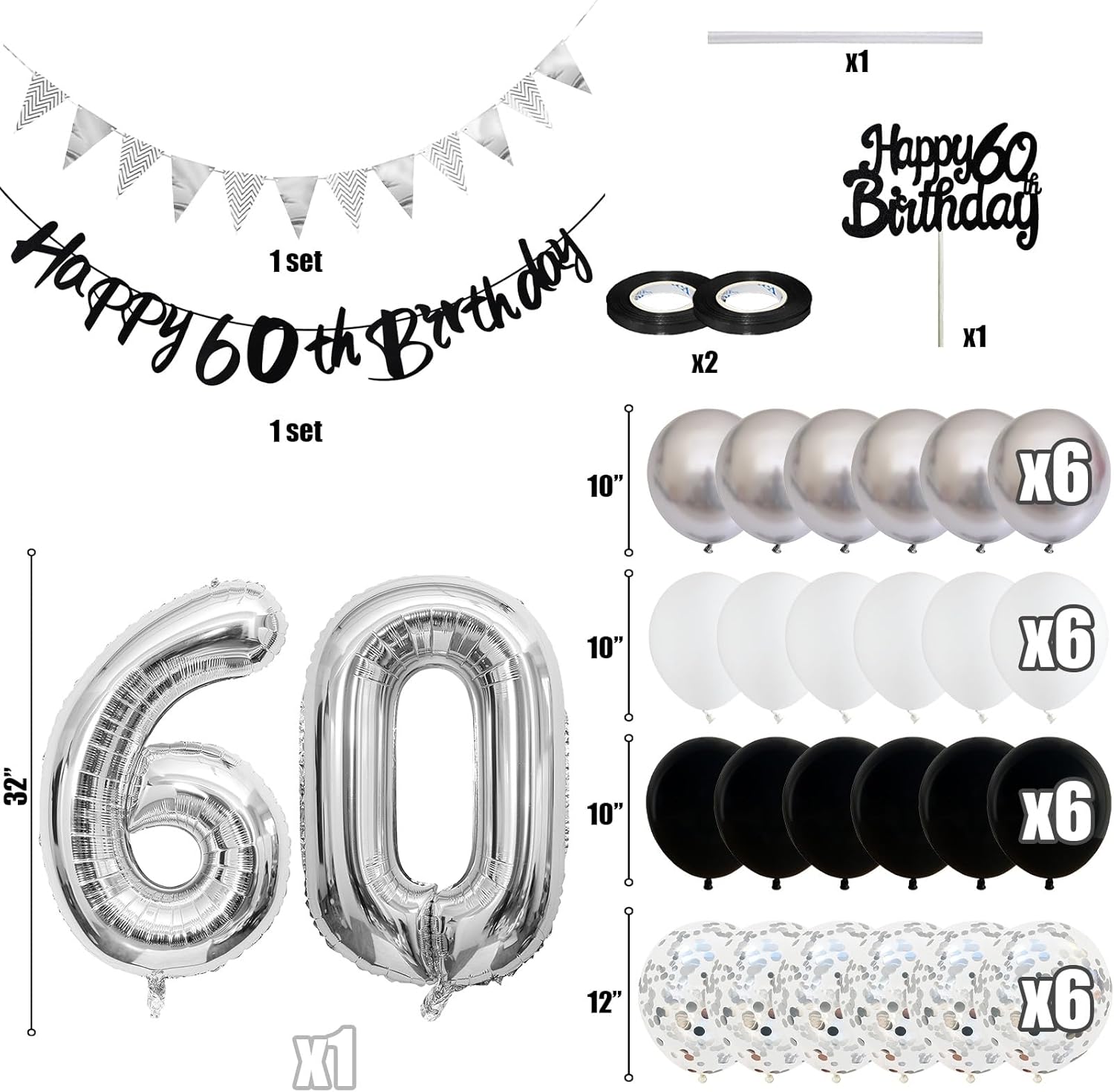 50 decoraciones de de cumpleaños para mujeres y hombres, pancarta de feliz 30, 40 y 60 cumpleaños, globos, suministros para decoración de tartas, color negro, plateado y blanco: Marble