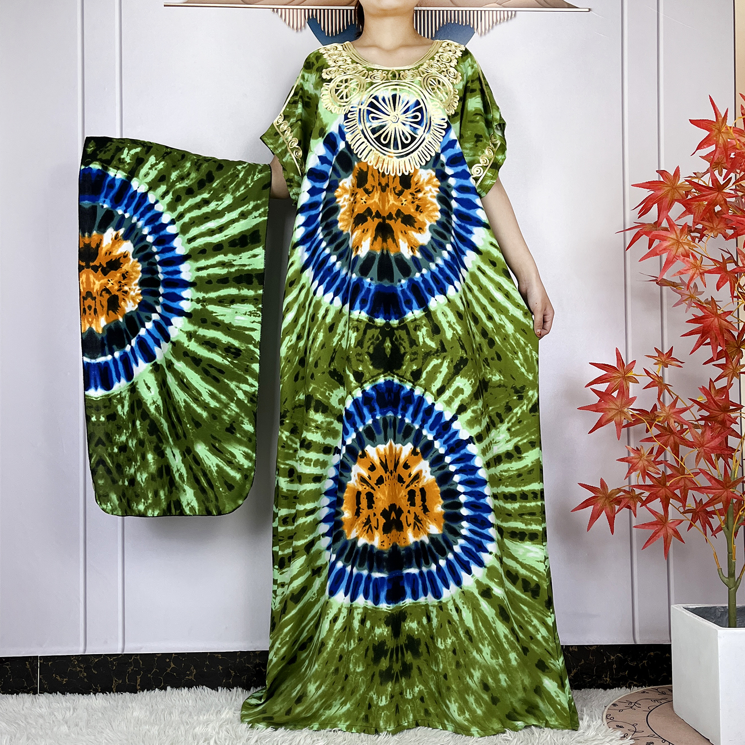 Vestidos maxi de algodão solto com lenço de cabeça para mulheres muçulmanas, vestidos casuais muçulmanos, manga curta, estampa floral, kaftan africano, islamismo, novo, verão: Azul