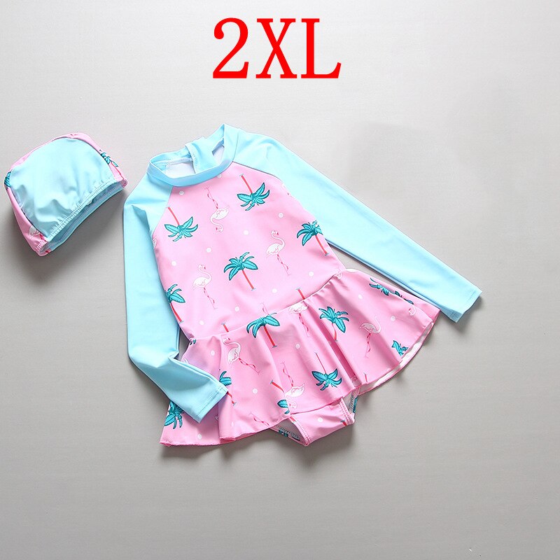 Bathing Clothes Girls Long Sleeve Children's Swimwear UV Protection Flamingo Print Beach Skirted Swim Dresses Girls' Swimsuit: 2XL