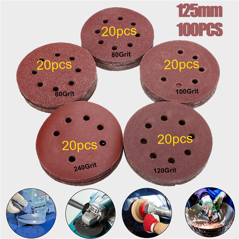 100pcs 5inch 125mm 60/80/100/120/240 Grit Round Shape Sanding Discs Buffing Sheet Sandpaper 8 Hole Sander Polishing Pad 20 Each