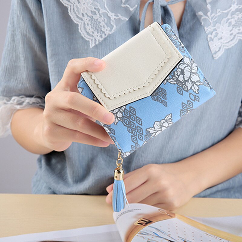 LADY'S Wallet-cartera de piel sintética con borlas estampadas para mujer, bolso de mano, estilo coreano, 2 zhe: Blue