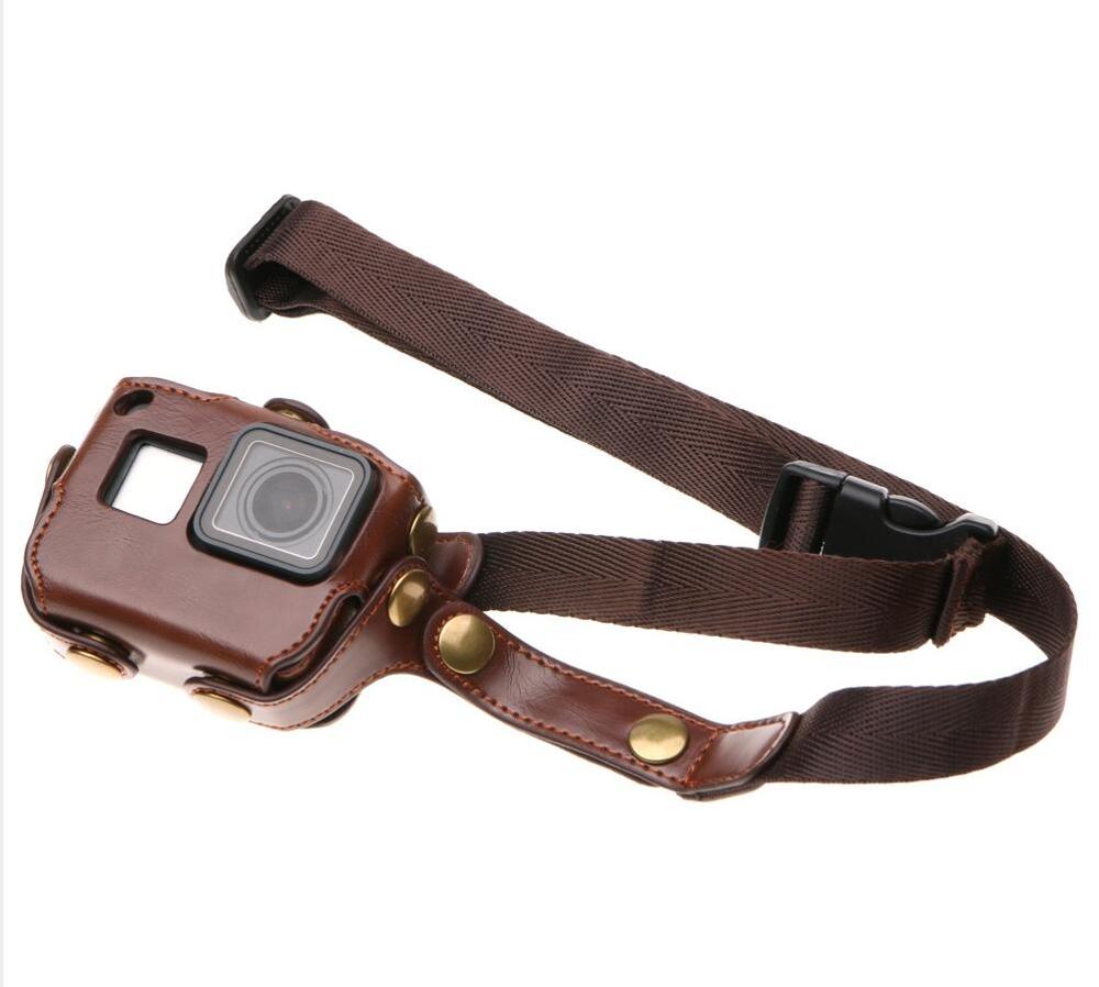 För gopro ramskydd skydd fodral läder + lång vävrem öppning baksida för go pro hero 5 6 7 svarta tillbehör: Kaffefärg