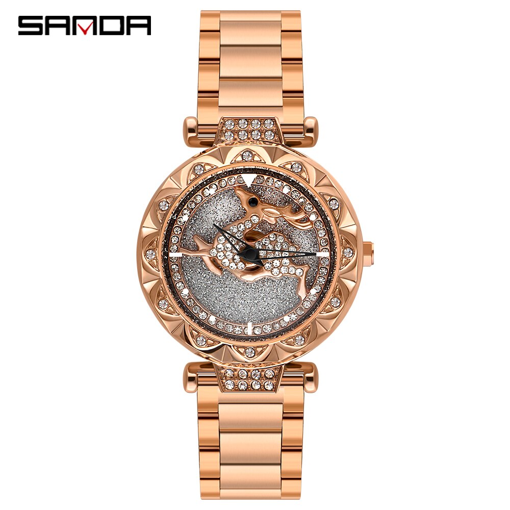 Sanda dameshorloge met kristal, diamant, draaibare wijzerplaat, leren stalen magneet, waterdicht quartzhorloge: Staal roségoud