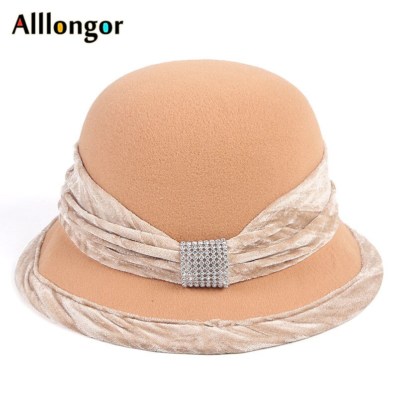 Red Bottom Fedora Hat Women French Autumn Winter Crystal Dome Cap Normal Wool Bowler Felt Hats Chapeau Femme Hiver: kahki Brim