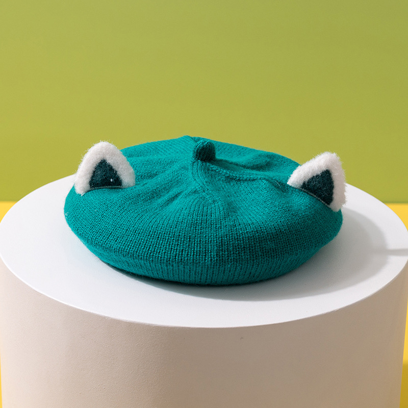 Béret de dessin animé pour enfants, chapeau tricoté avec oreilles de renard, Bonnet pour filles: green