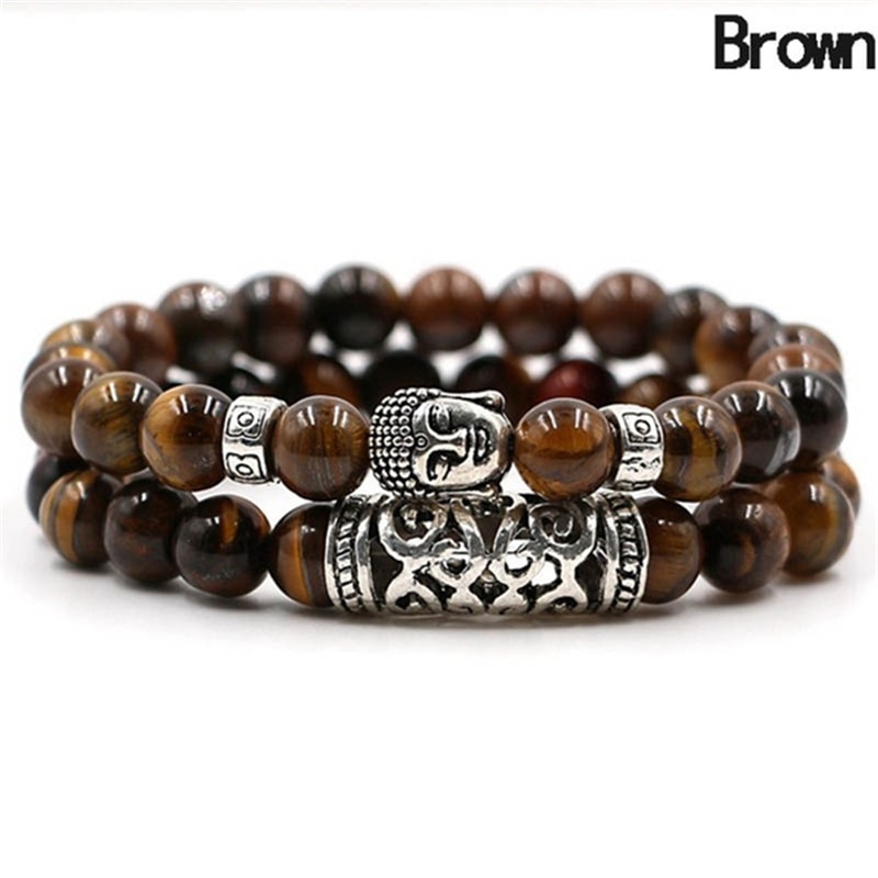 2Pcs/Set Nepal India Buddha Statue Beads Bracelet for Men Charm Black Lava Stone Bracelets Elastic Women Jewelry Yoga: Brown