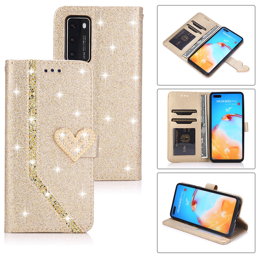 Glitter Leather Wallet Case for Huawei Flip Cover Protector P40 P30 Lite P20 Pro Mate10 Mate20 Pro