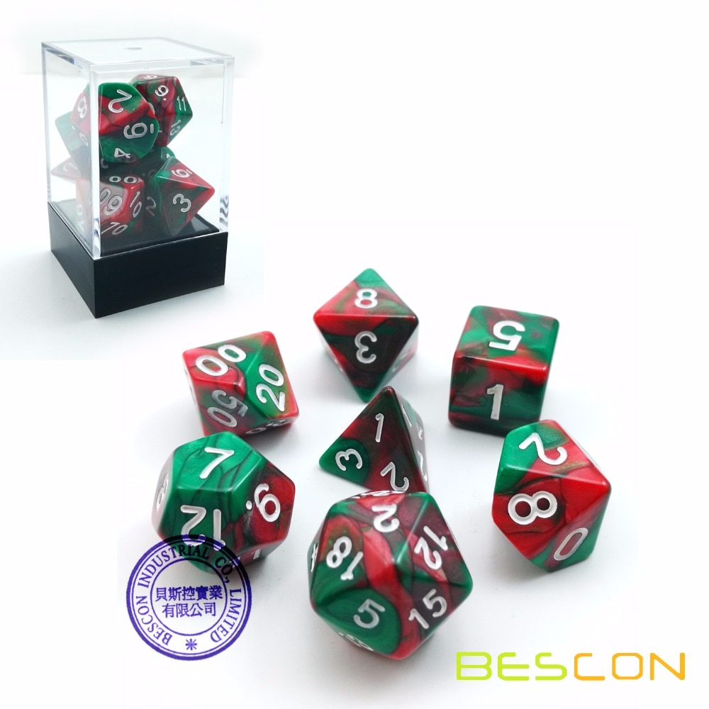 Bescon Kerst Gemini Polyhedrale Dobbelstenen Set, twee-Tone Rpg Dobbelstenen Set Van 7 D4 D6 D8 D10 D12 D20 D % Baksteen Box Pack