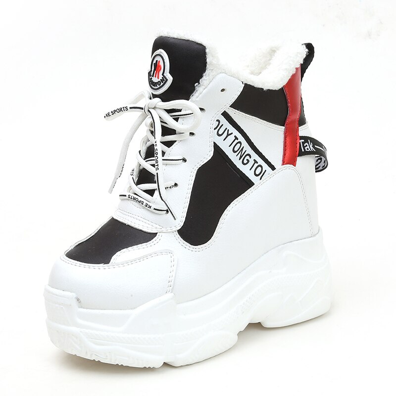 Kengät naiset nahka nauhat korkea toppi musta trendikäs tennarit alustan korkeuden lisäys kengät naiset nilkka talvi lämmin pehmolenkkari: Musta / 6