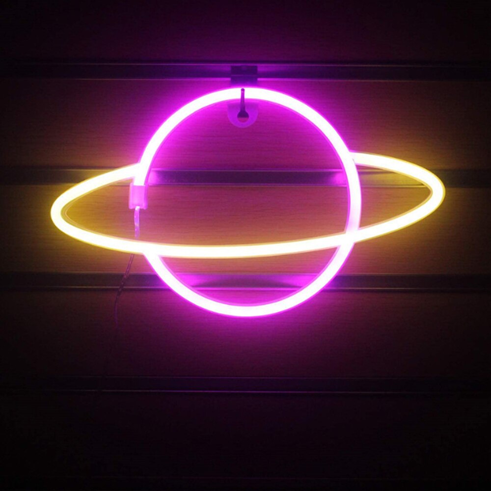 Led neonlampe farverig elliptisk planetformet skilt neonlys til bar fest bryllup hjem indretning atmosfærisk lampe: Lyserød gul