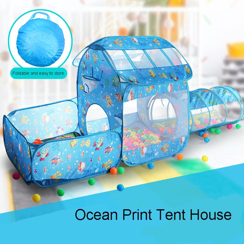 Ocean Printing Two-In-One Game House Tunnel Tent Children&#39;s Indoor Crawling Folding Cast Basketball Pool Toy For Baby