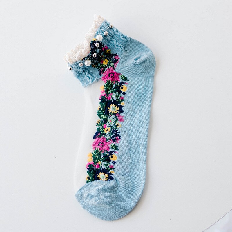 Spring Summer Retro Ankle Socks Pearl LIttle Floral Sock Mesh Patchwork Breathable Cotton Scck Cute Soft National style Hosiery: Blue