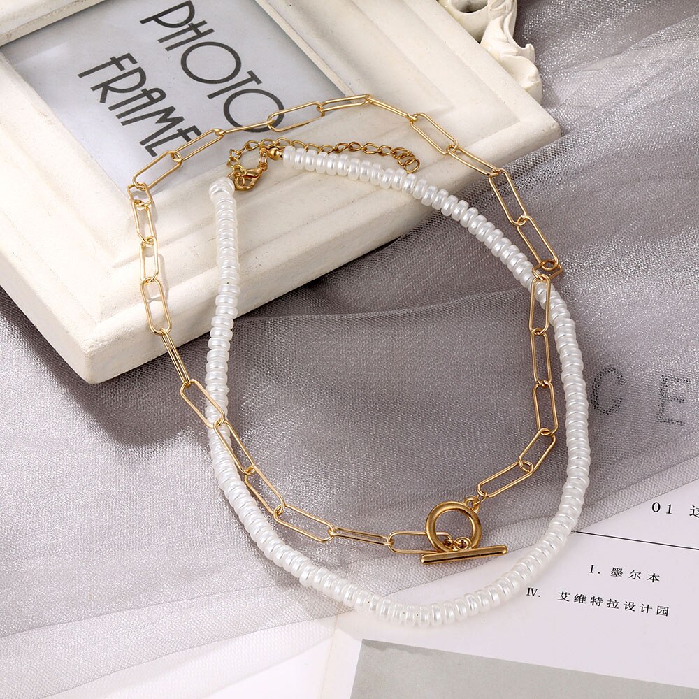 VKME Multi-layered pearl Aluminium chain Necklace For Women Chokers Necklaces Jewelry Party