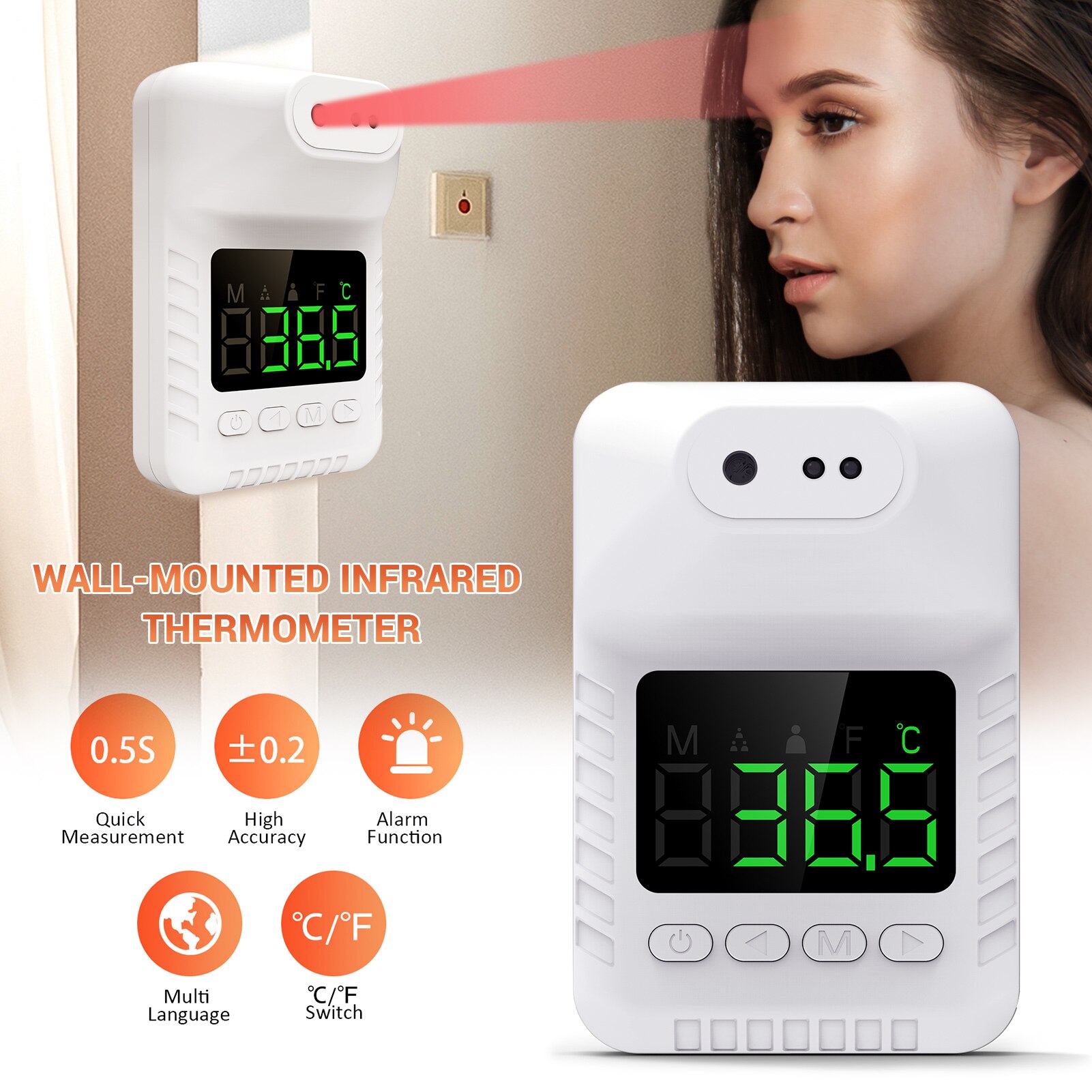 Non-contact Infrared Thermometer Wall-Mounted Forehead Temperature Measurement Meter for Adults Kids with Large Digital Screen