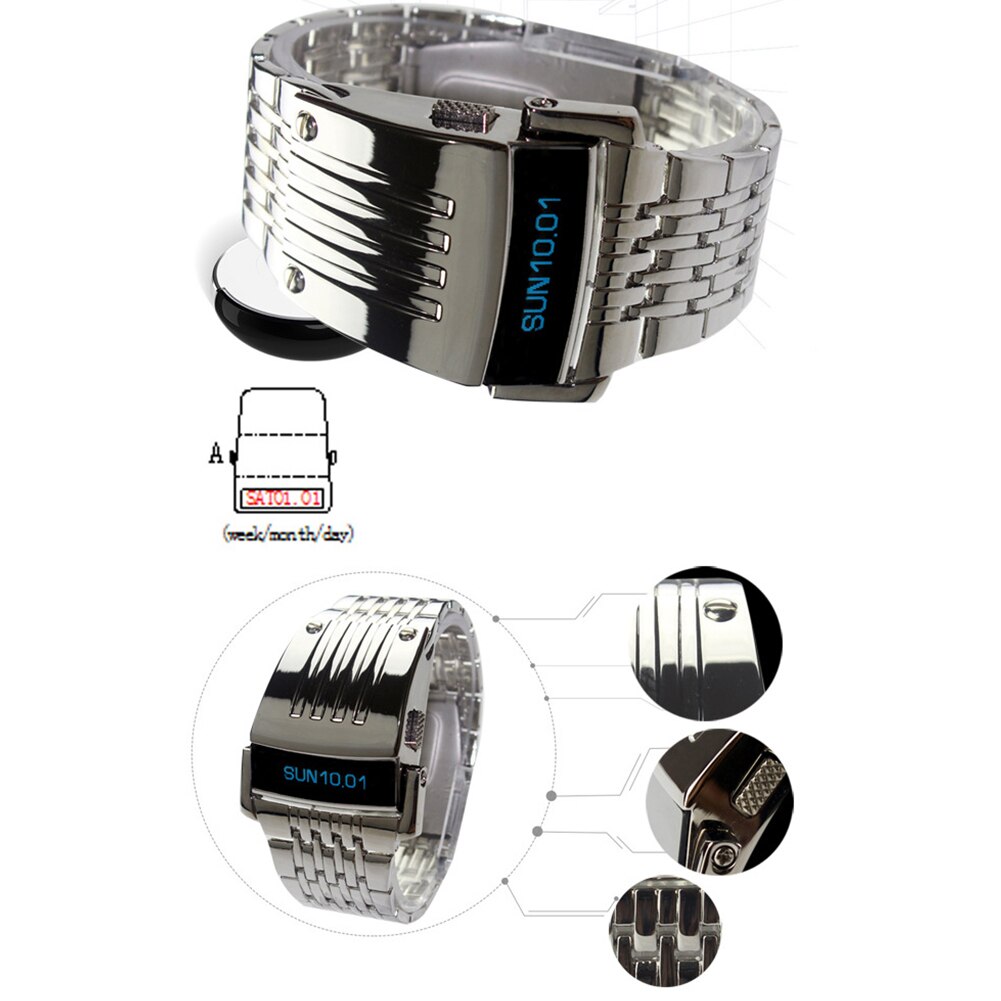 montre électronique affichage LED bleu large en acier inoxydable bande hommes numérique montre-bracelet