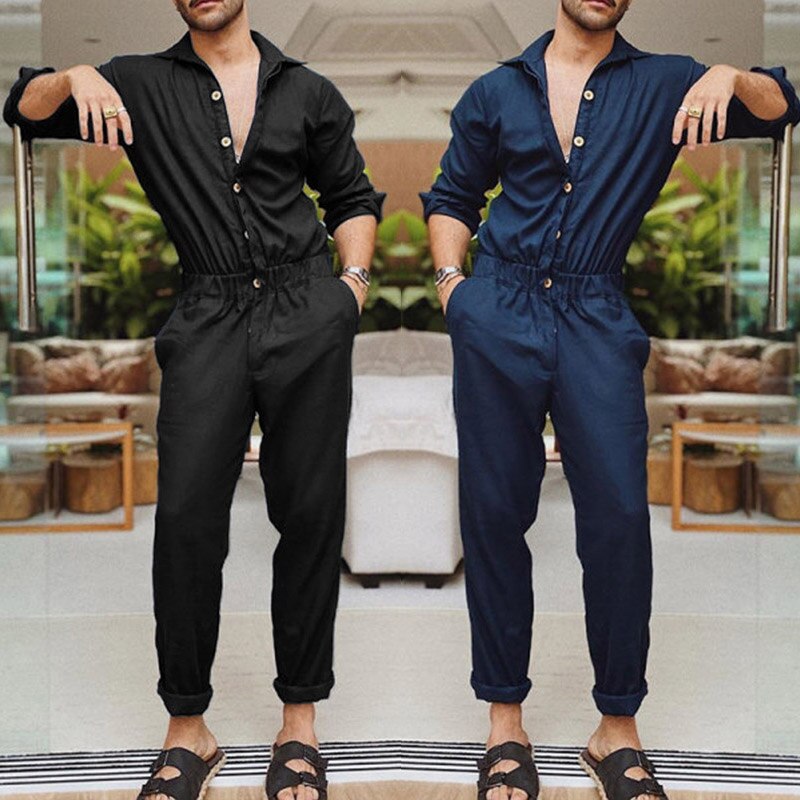 Lange mouwen heren rompers heren jumpsuits met knoopjes effen eendelig cargo overalls zakken streetwear coole heren cargobroeken