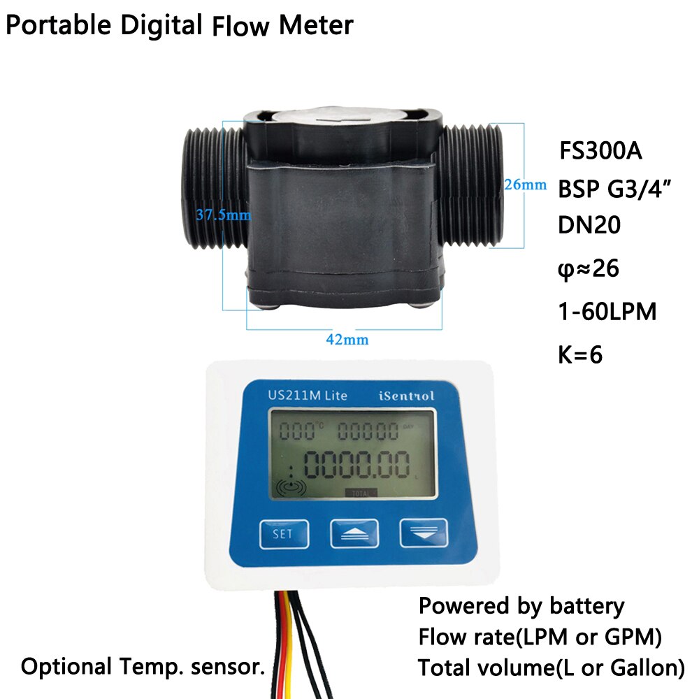 US211M Lite Digital Portable Flow Meter with FS300A Flow Sensor 1-60LPM Plastic Dijiang