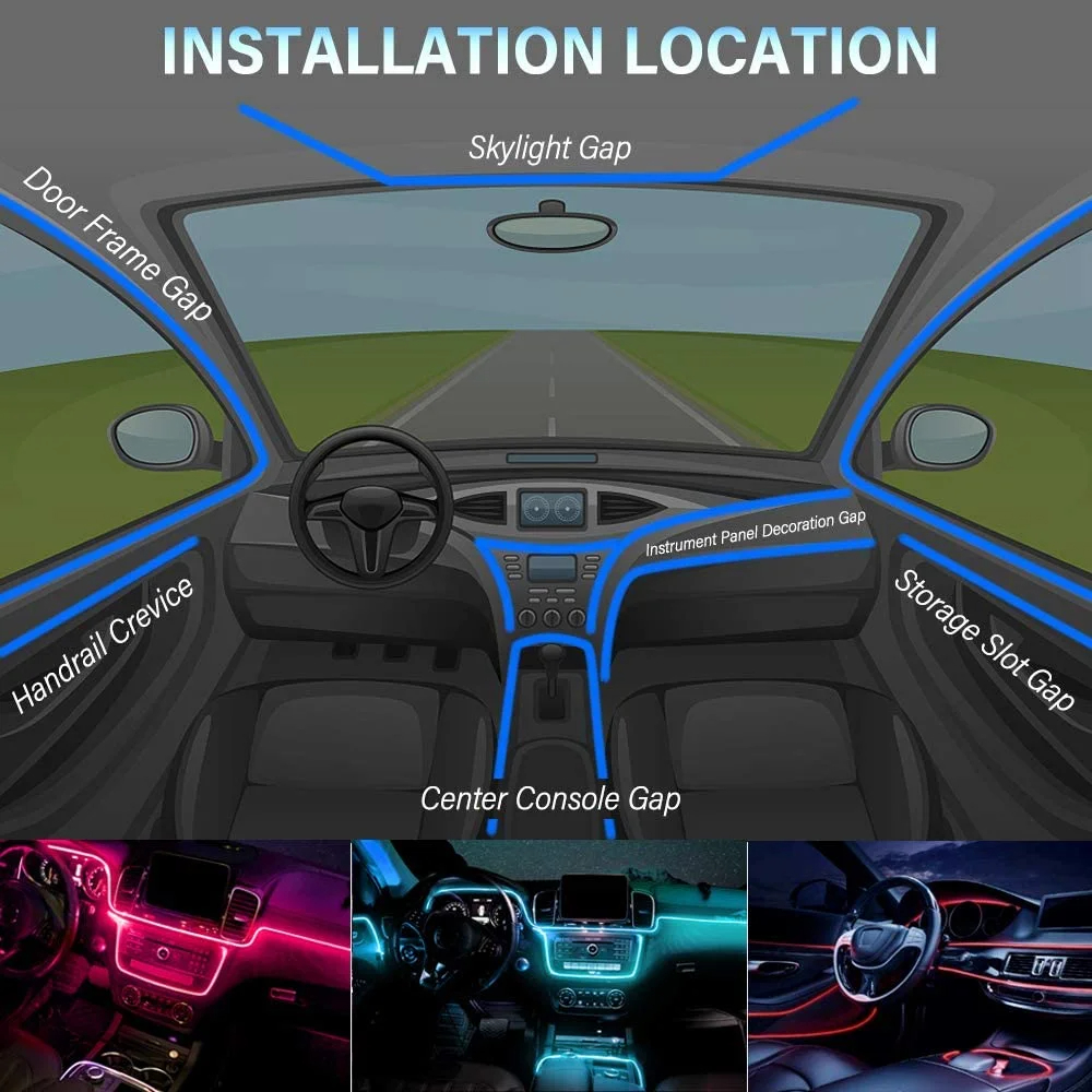 Iluminación LED ambiental de neón para coche, 6 en 1, 8m, RGB, tira de luz Interior de ambiente, Control por aplicación de fibra óptica, Lámpara decorativa LED automática