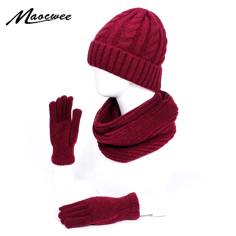 Vinter strikket tørklæde hatte handsker sæt til kvinder mand udendørs varm tyk vindtæt tørklæder skullies beanies hat tredelt sæt