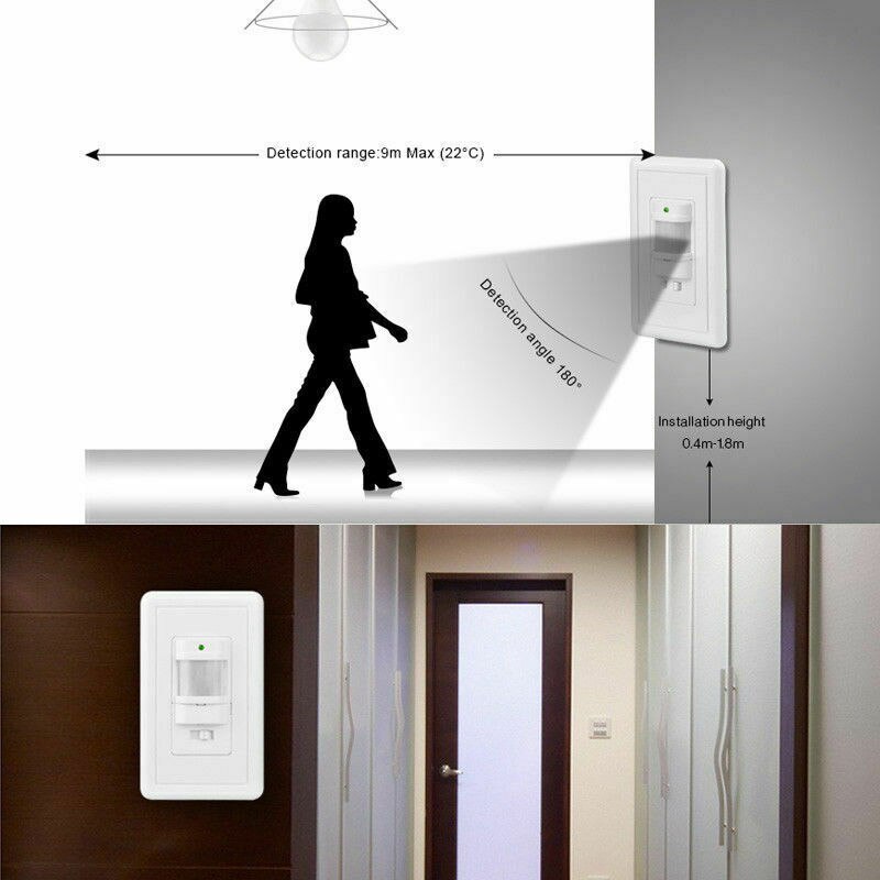 interruptor de Sensor de movimiento de montaje en pared automático de 110V ~ 220V ON OFF con Sensor infrarrojo PIR interruptor de luz con 9m Max