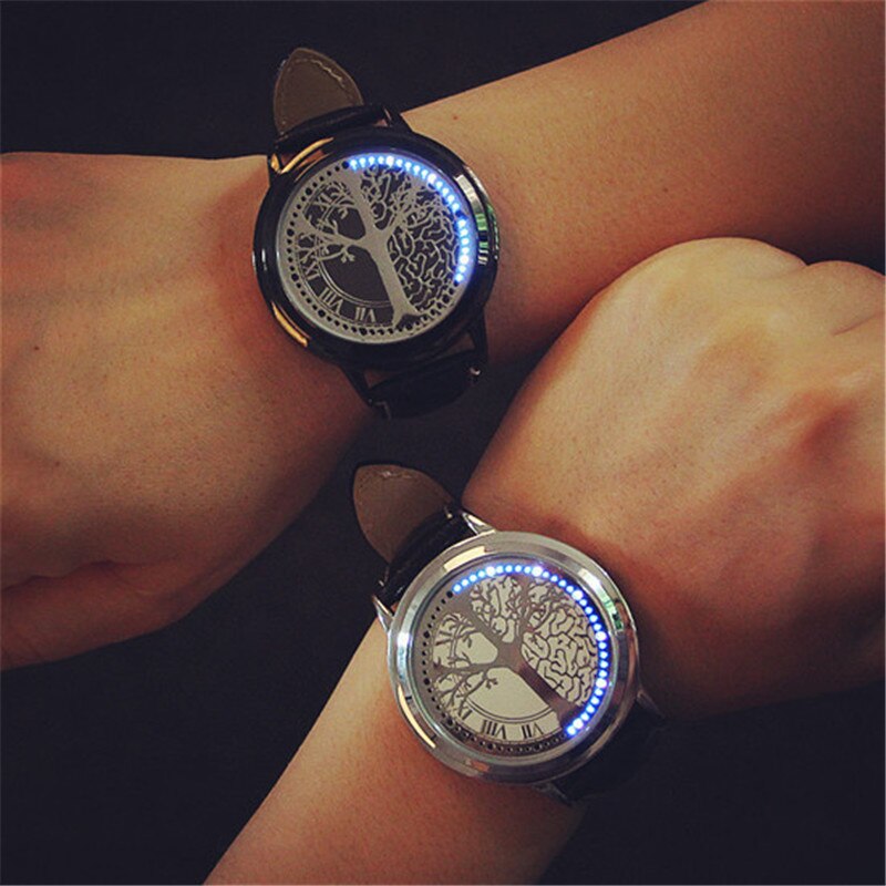 Led Watch LED Touch Screen Watch Unique Cool Watch with Tree Pattern Simple Black Dial 60 Blue Lights Watch Leather