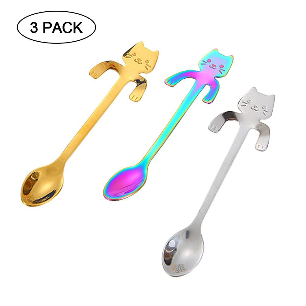3/ 5/ 6Pcs Stainless Steel Cartoon Cat Spoon Colorful Coffee Ice Cream Tea Spoon Kitchen Supplies Tableware Scoop