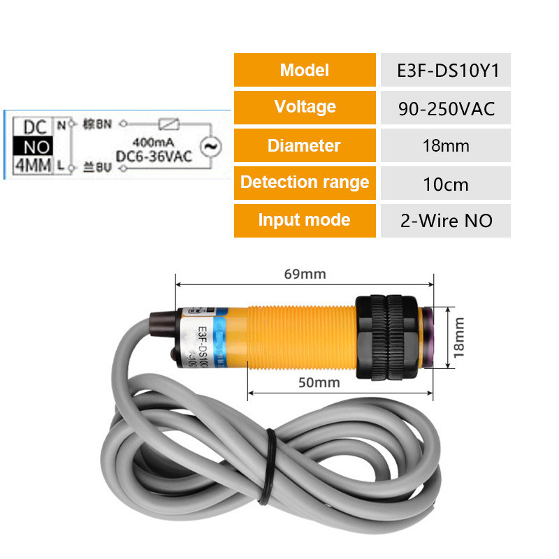 Interrupteur de proximité capteur photoélectrique E3F-DS30C4 NPN PNP DC5-36V plage de détection réglable 30cm 10cm E3F-DS30P1/P2/C2/Y1: YELLOW