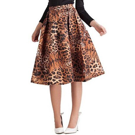 S-XL Oversize Vintage estampado de tigre faldas para mujer nueva Midi Puff cremallera cintura elástica una línea falda de leopardo