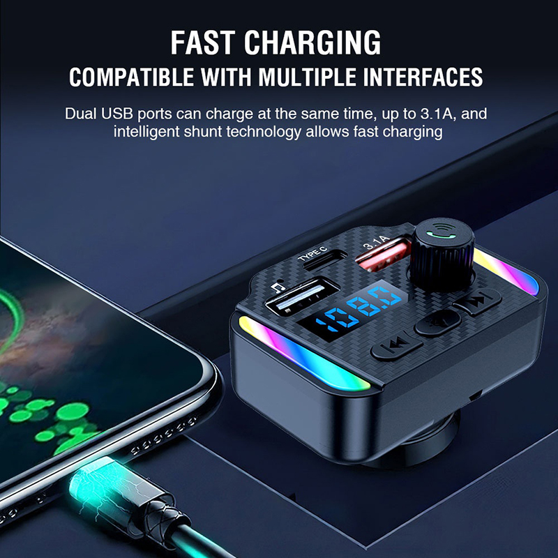 Bluetooth 5.3 bil fm-sändare pd typ-c dubbel usb  mp3- spelare bilradio modulator snabbladdningsadapter handsfree färgglatt ljus
