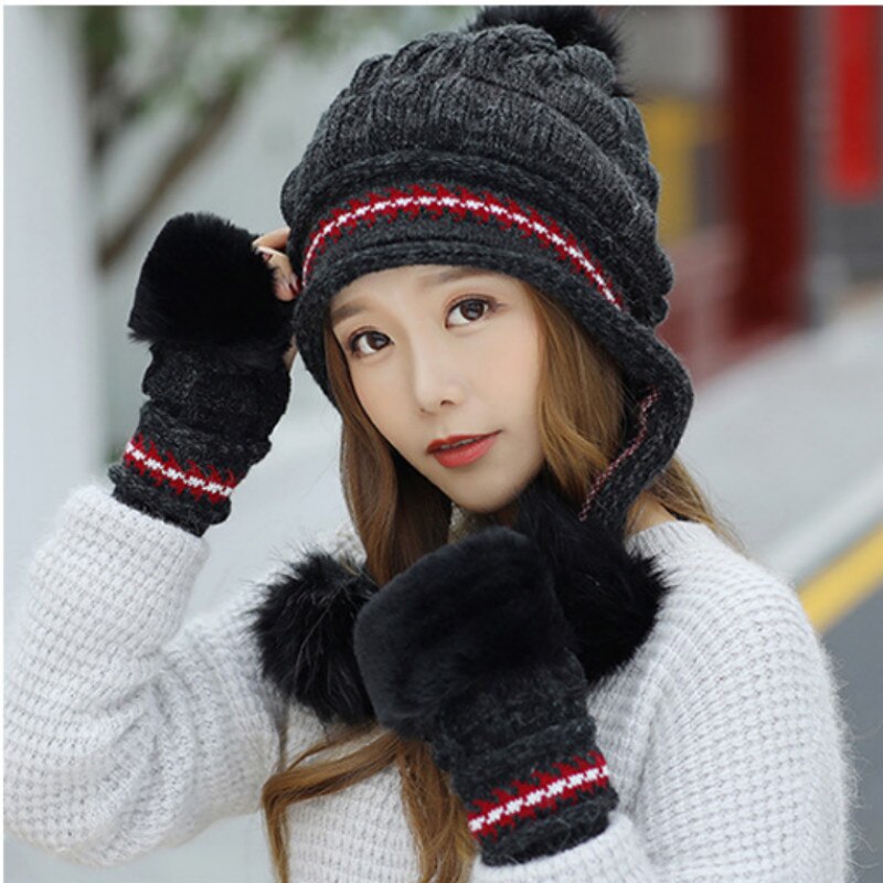 Imiteret pels vinterhue handsker sæt solid tyk varm øreklap dame kasket handsker sæt udendørs vindtæt øreklap hue hue: Sort