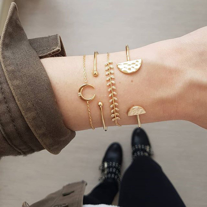 WUKALO Charm 4 stks/set Damesmode Kristal Cirkel Blad Ketting Gouden Kleur Gesimuleerde Parel Armband Set Party Bruiloft Sieraden