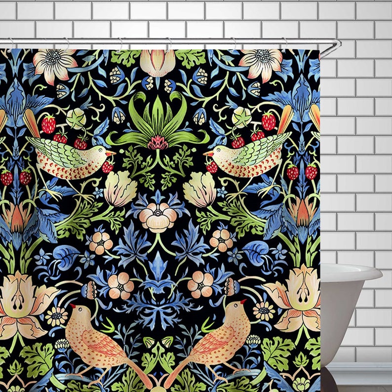 William Morris Art Sier Douchegordijn Aardbei Dief Vintage Patroon Botanische Vogels Bloemen Nouveau Badkamer Decor: Strawberry Thief / 180x180 cm