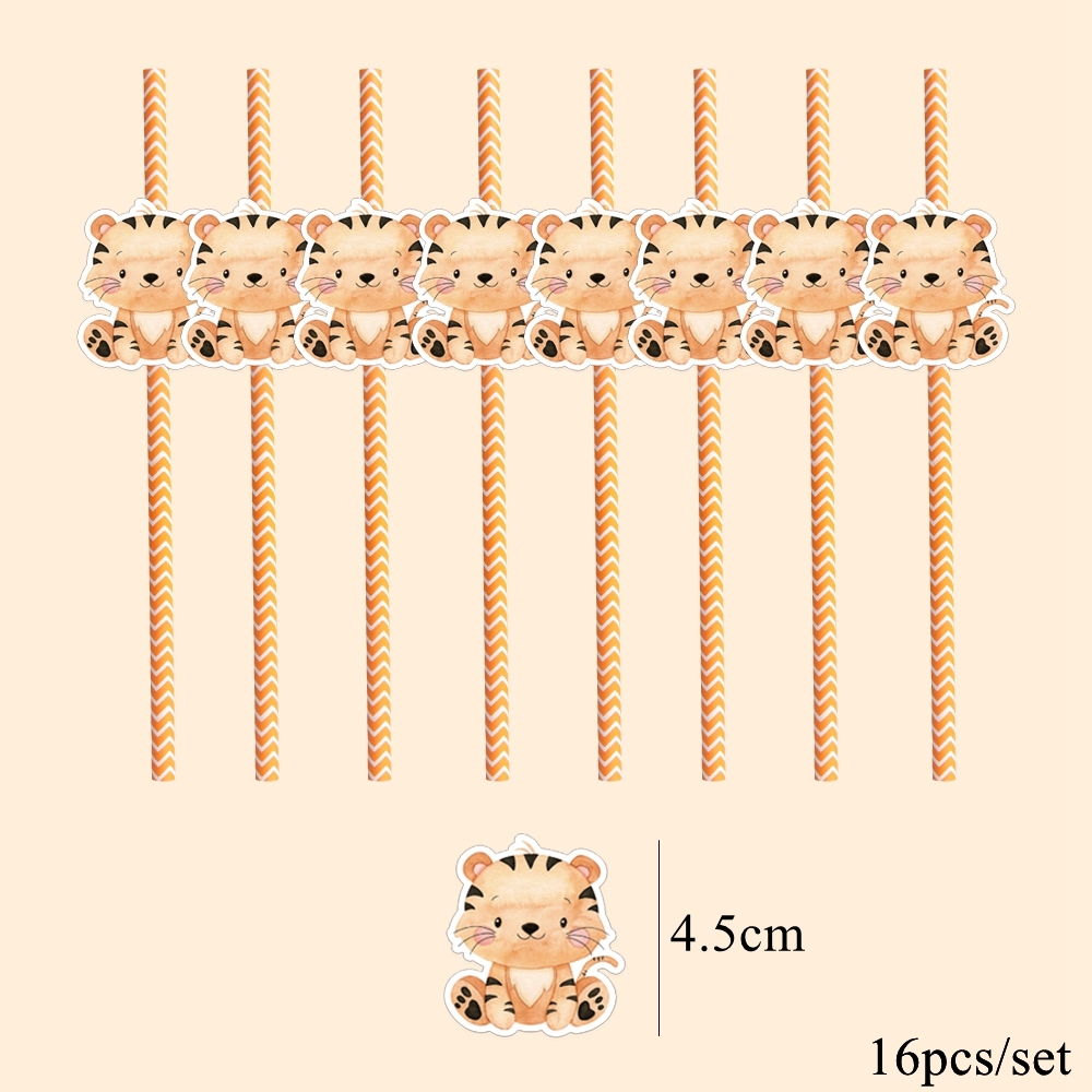 16pcs Carton Animal Straws Eco Striped Drinking Straws for Kids Jungle Safari Wild Animal Happy Birthday Party Decoration Supply: Dark Khaki