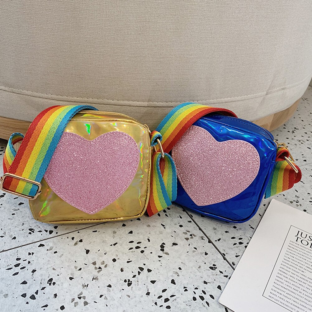 Women Sequins Love Heart Handbag Kids Bag Messenger Shoulder Bag Rainbow Shoulder Strap Crossbody Bag Lovely Wallet for Girls