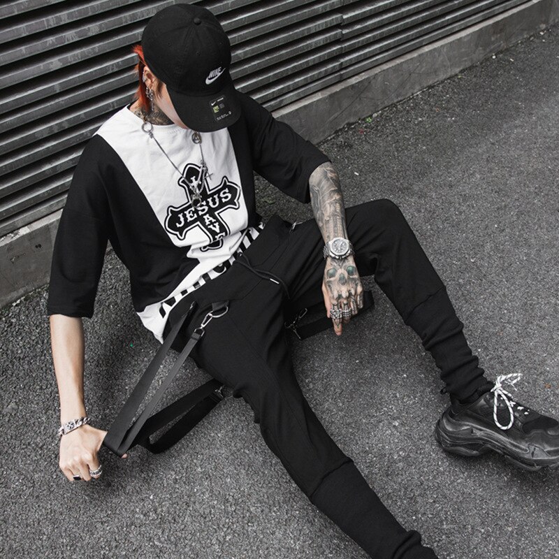 Men Ribbon Casual Harem Pant Streetwear Punk Hip Hop Cargo Trousers Joggers Sweatpant Male Dancing Pant