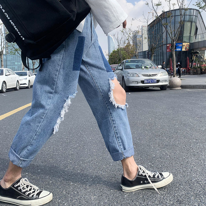 Sommar slitna raka jeans herr retro casual hole jeans herr streetwear wild lös hip hop jeansbyxor herr m -2xl