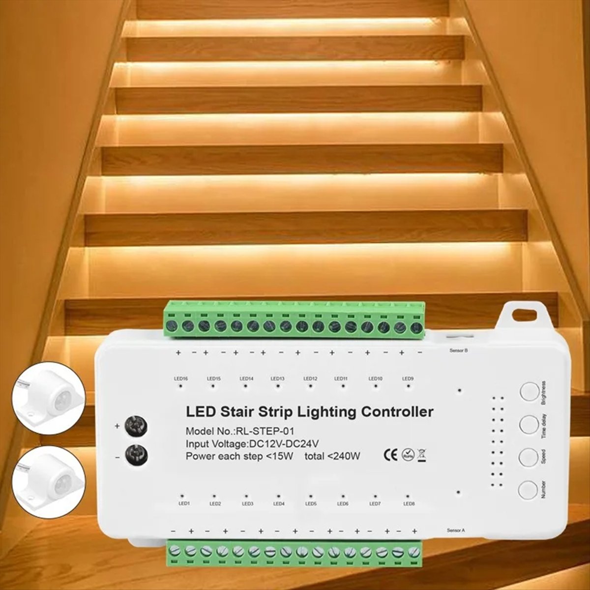 Delighted- 16 Channels Led Stair Light Staircase Controller 2 PIR for Indoor Flexible LED COB Strip Light Without Remote Control