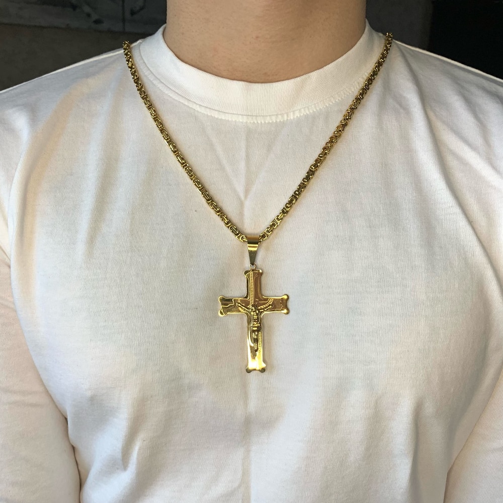 Stainless Steel Big Jesus Cross Pendant With Long Chain Men&#39;s Gold Color Crucifix Necklaces Male Religious Jewelry