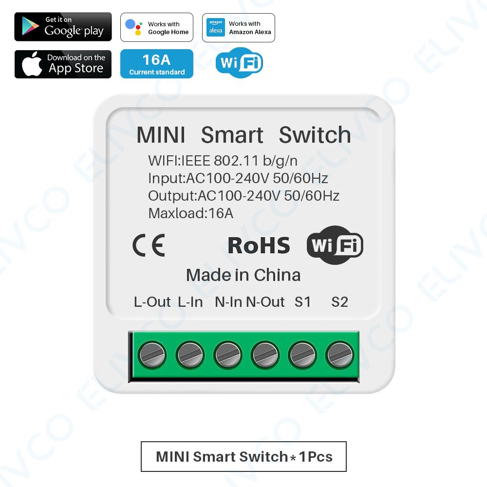 16a diy mini smart wlan-schalter mit 2- -wege-steuerung, smart-home-automatisierungsmodul, kompatibel mit alexa, google home, tuya und der smart life app.: Default Title