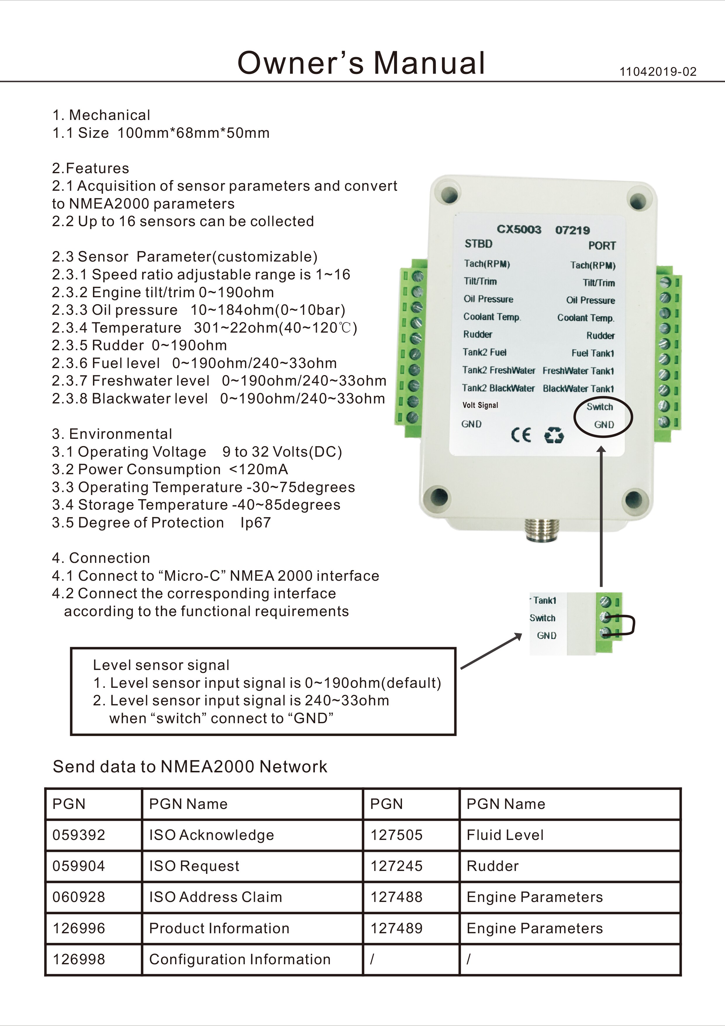 CX5003 convertisseur Double canal NMEA2000/convertisseur N2K 0-190 ohm jusqu'à 18 capteurs avec câble Double tête en 0.5/3/4 mètre