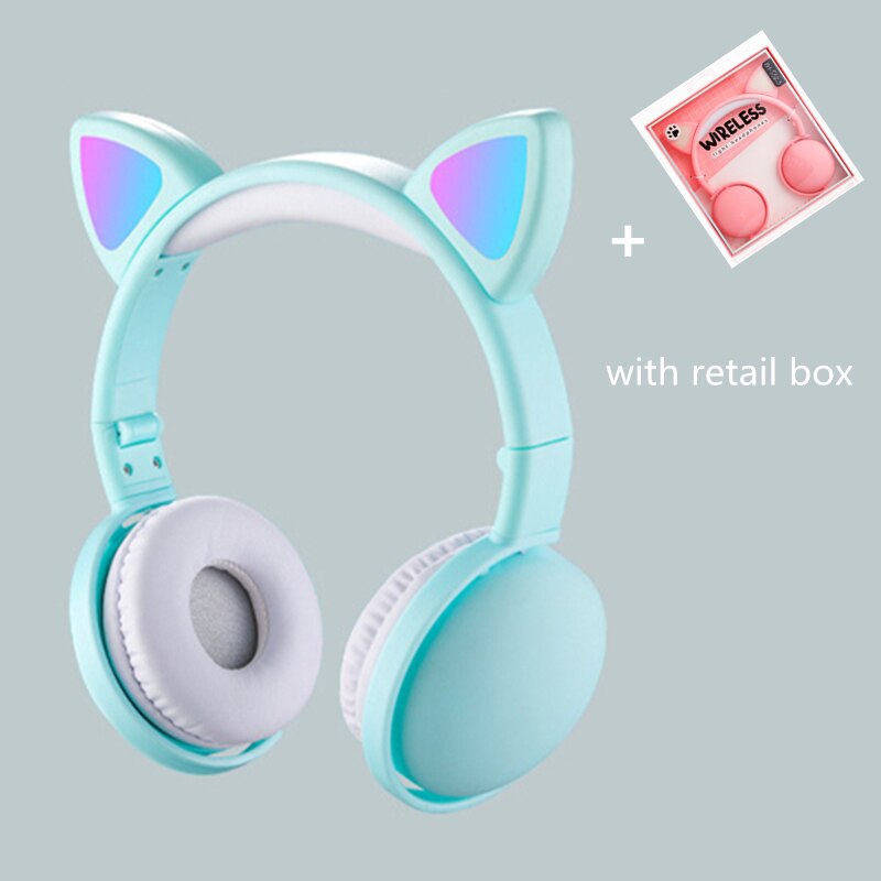 Cat Ear LED Headphones Noise-Cancelling Bluetooth 5.0 Kids Girls and Boys Folding Headset Support TF Card 3.5mm Plug With Mic: green retail box