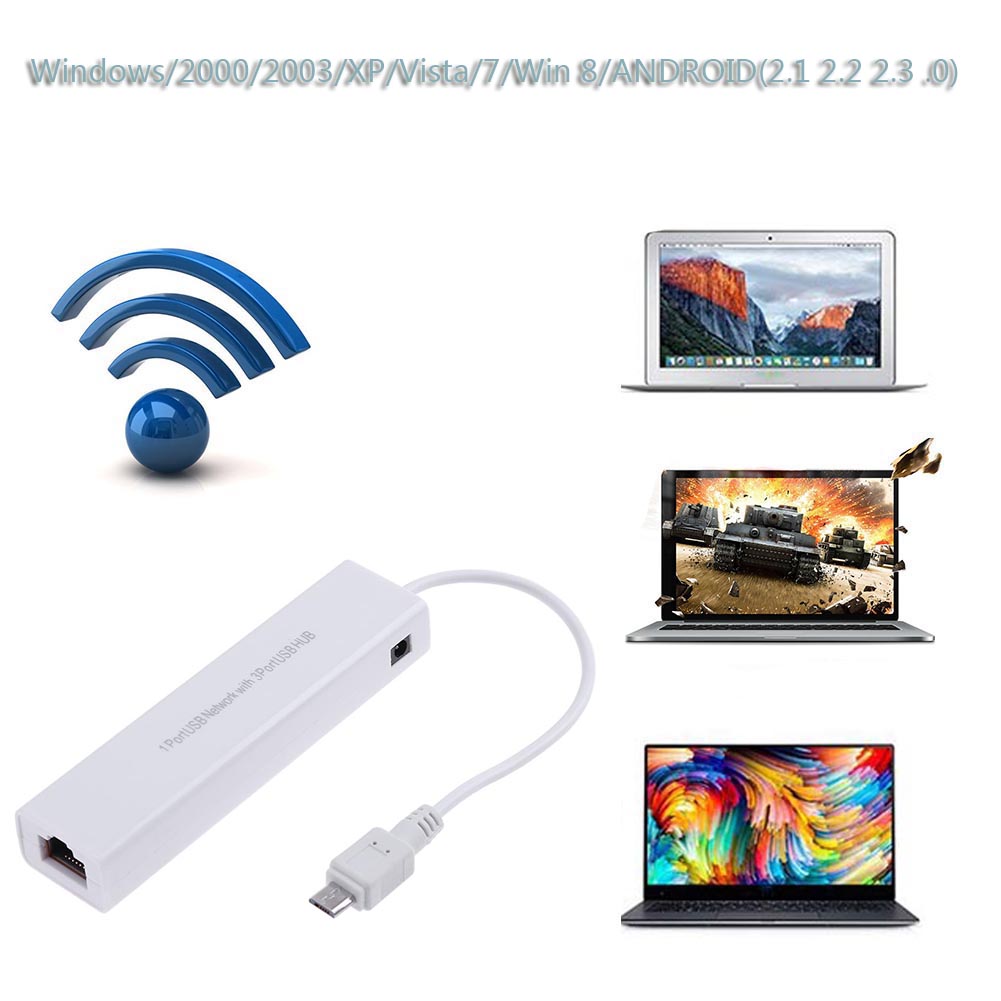 OTG 3-Hafen USB 2.0 Hub 10/100 MB Mikro-USB auf RJ45 LAN-Adapter Netzwerkkarte